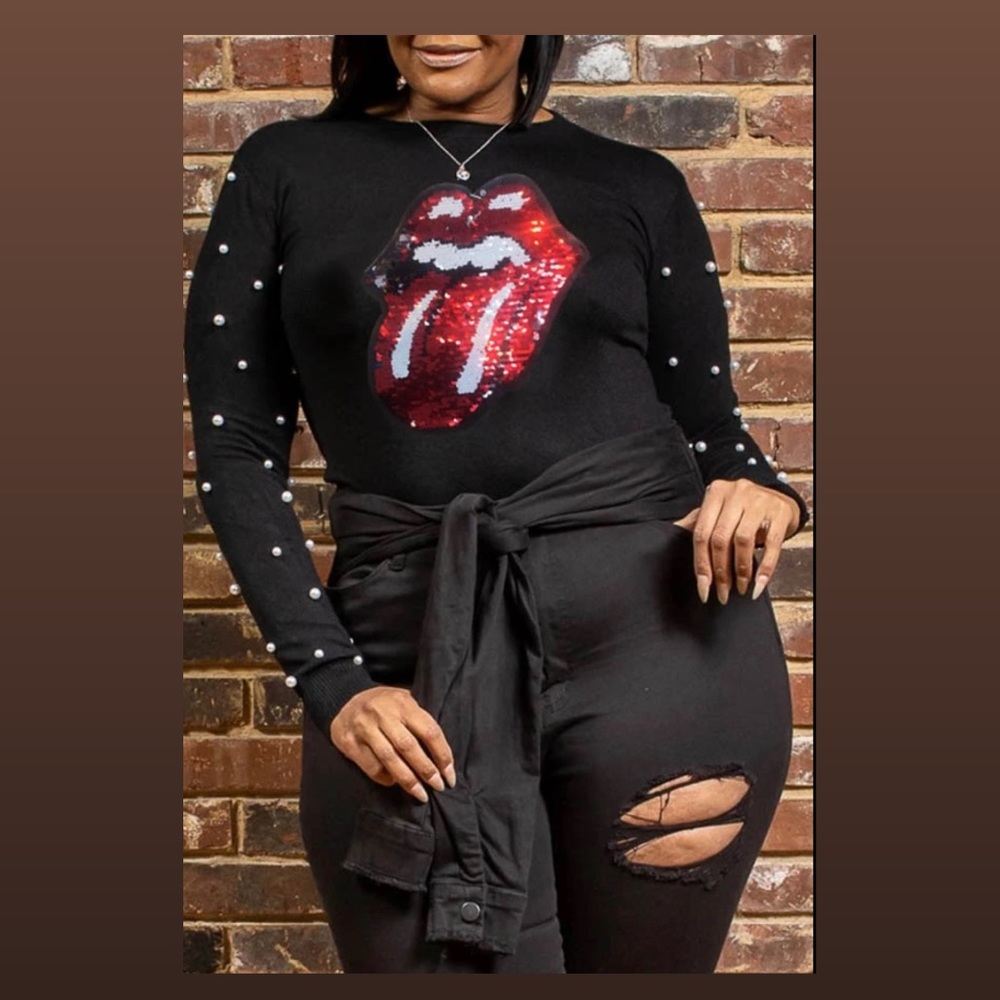 Long Sleeve Sequin/Pearl Embellished Top